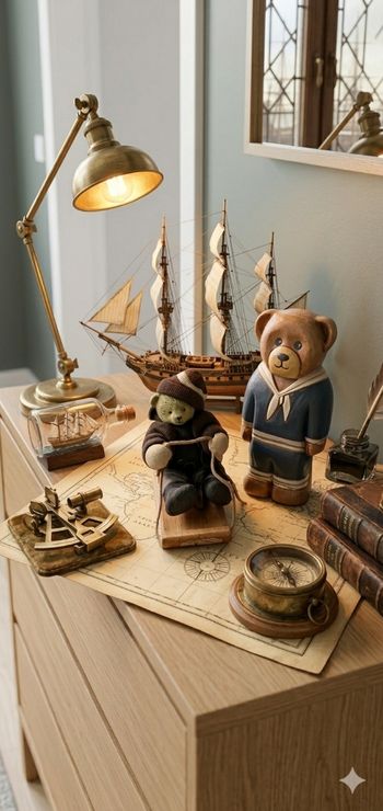 Duo d'oursons décoratifs style bois- marin et luge- vintage