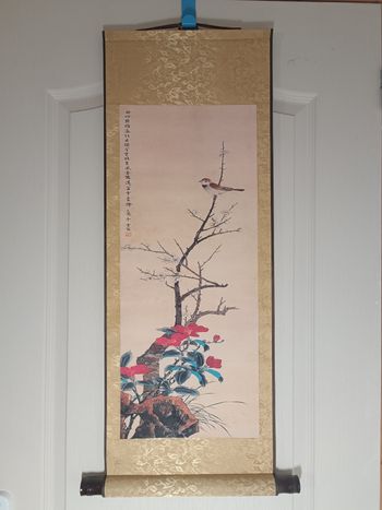 Tableau peinture impression oiseau Moineau fleurs prunier camélia 