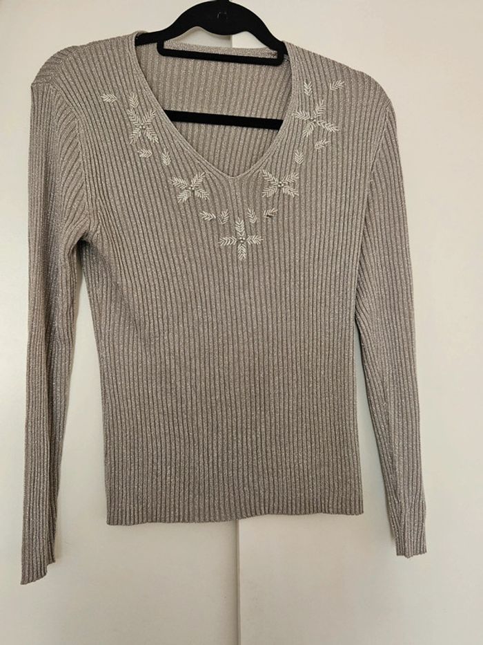 Pull fin côtelé argenté brillant et perles Vintage - photo numéro 13