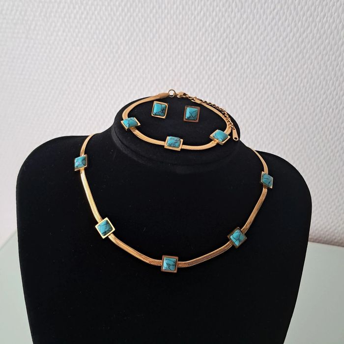 Parure maille serpent doré et turquoise - photo numéro 2