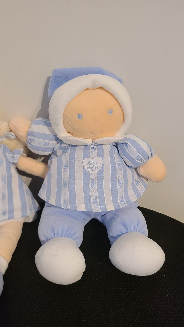 DOUDOU PELUCHE POUPÉE CHIFFON TARTINE ET CHOCOLAT BLEU BLANC RAYÉ 24CM Doudou Poupée Blonde Couette - photo numéro 3