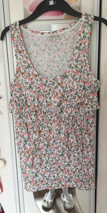 Débardeur blanc à volants avec des fleurs ( rouge,vert,gris), Esprit, L, 100% coton