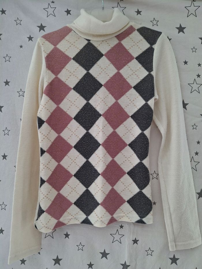 Pull moulant col roulé blanc à losanges rose et noir 12 ans - photo numéro 2