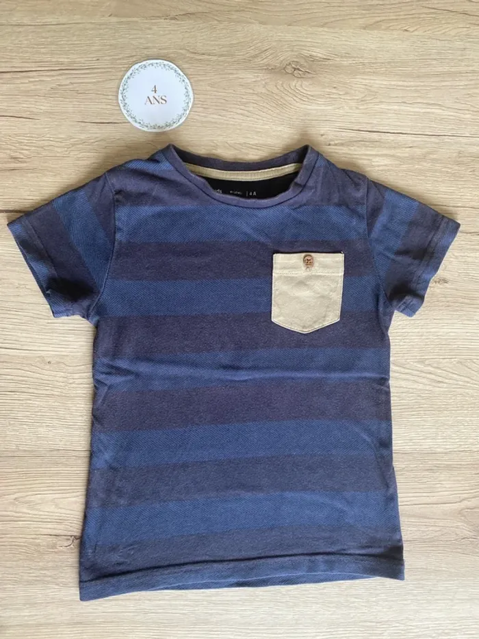 Tee-shirt manche courte rayé bleu poche crème garçon 4 ans Gémo