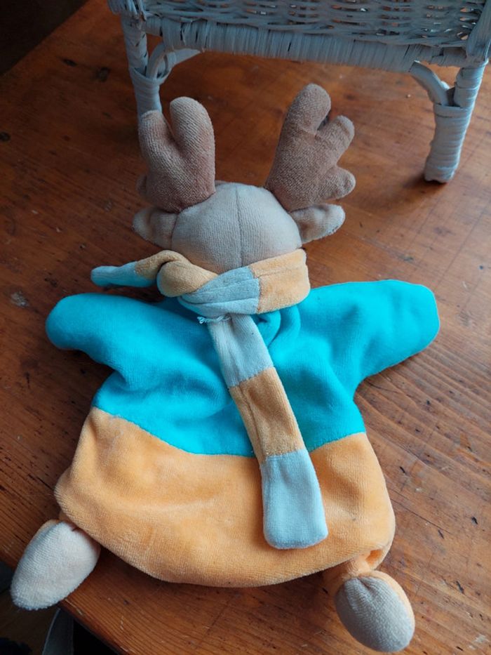 Doudou marionnette Rennes cerf turquoise et orange - photo numéro 4