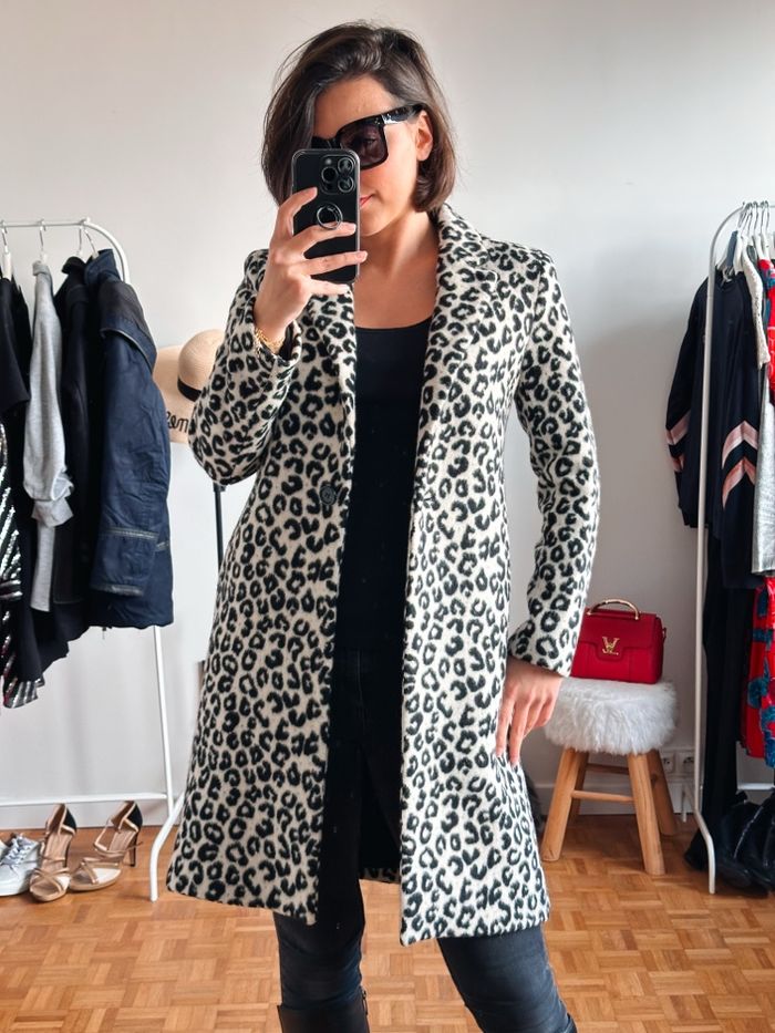 Manteau Maje taille 36 motifs léopard noir et blanc cassé