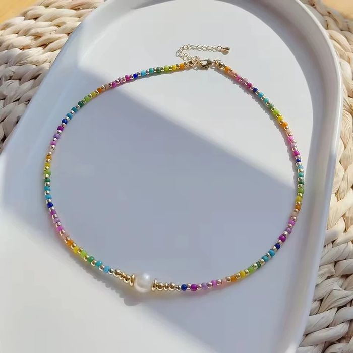 Collier perle naturelle et perles colorées acier inoxydable