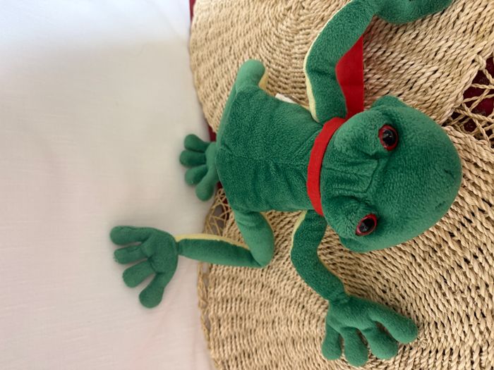 Grenouille en peluche vintage Nanco verte avec nœud rouge - photo numéro 2