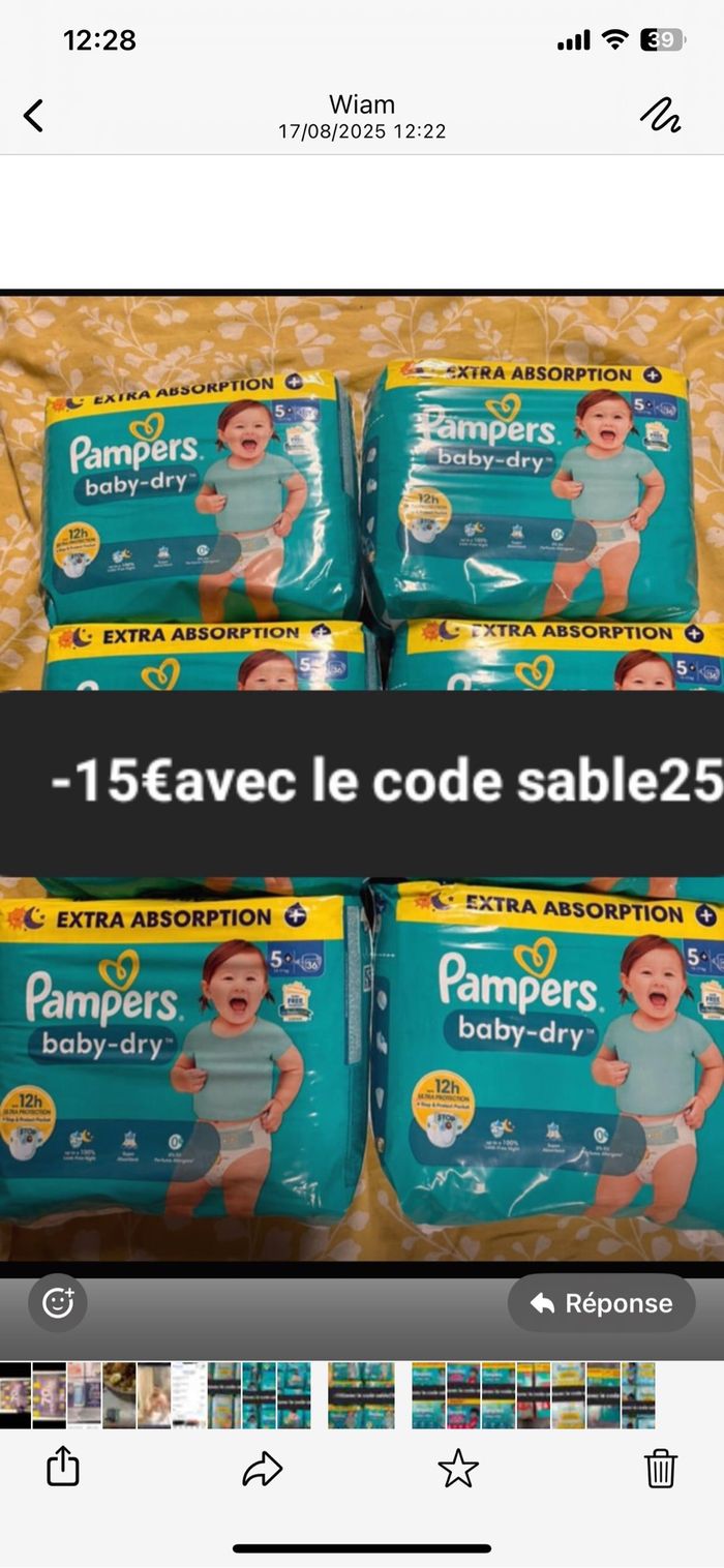 6 sacs de couches Pampers taille 5