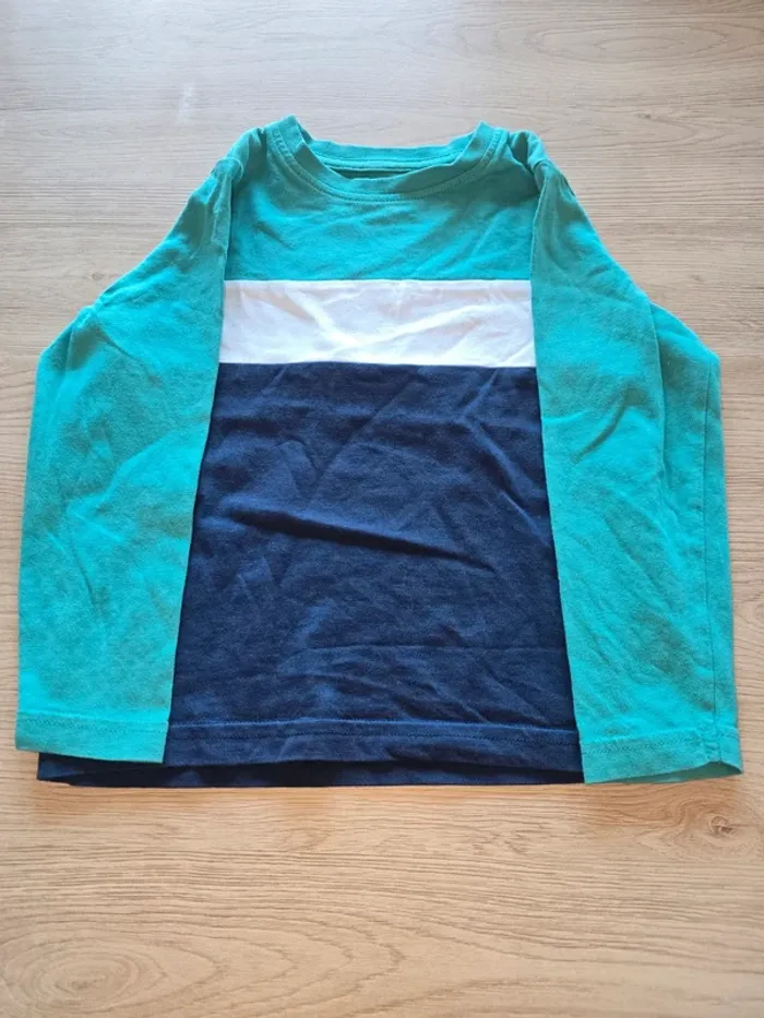 T-shirt manches longues garçon – bleu/vert à bandes