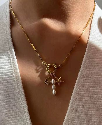 Collier “Trio Marin” en acier inoxydable 316L, pendentifs coquillage, étoile de mer & perle d’eau