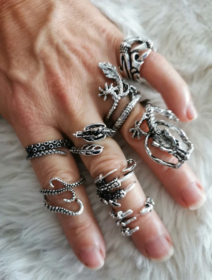 Lot de 7 bagues gothic biker chromé argenté tendance ajustable