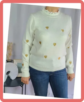 Pull col montant dentelle et coeurs brodés, Taille Unique, Neuf avec étiquette