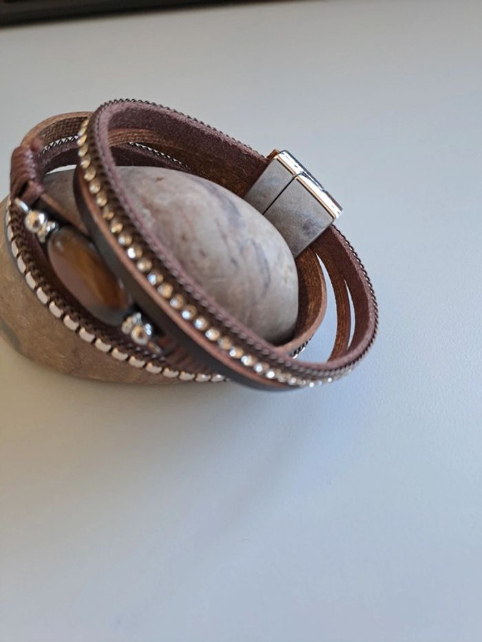 Bracelet cuir multi rangs perles et strass - photo numéro 2
