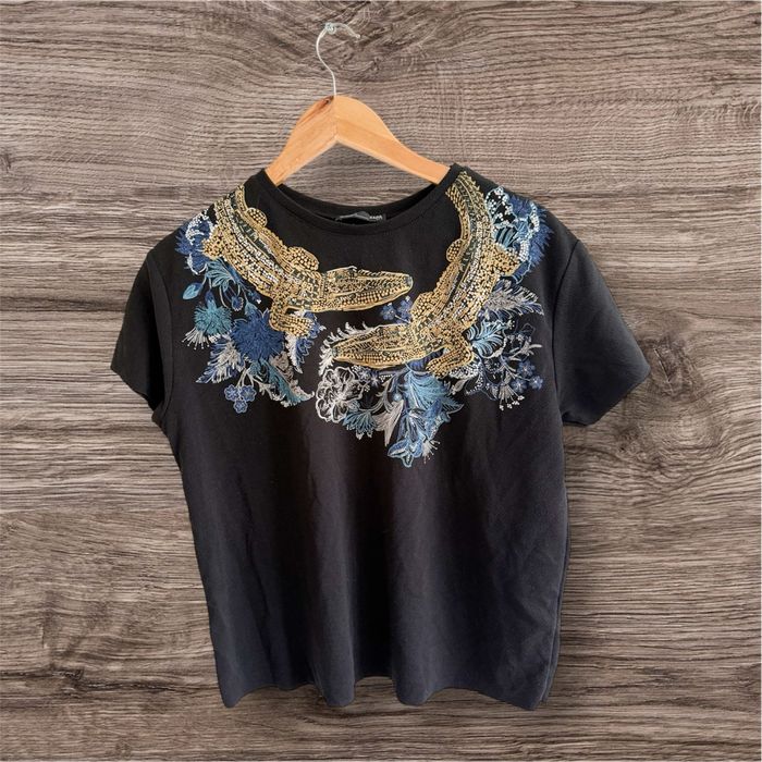 T-shirt manches courtes noir à motifs doré bleu Zara taille 36 S