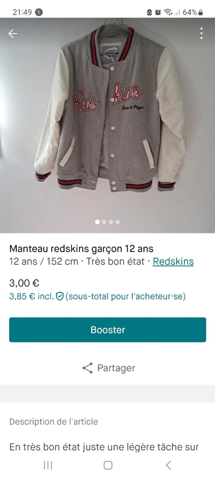Manteau redskins 12 ans