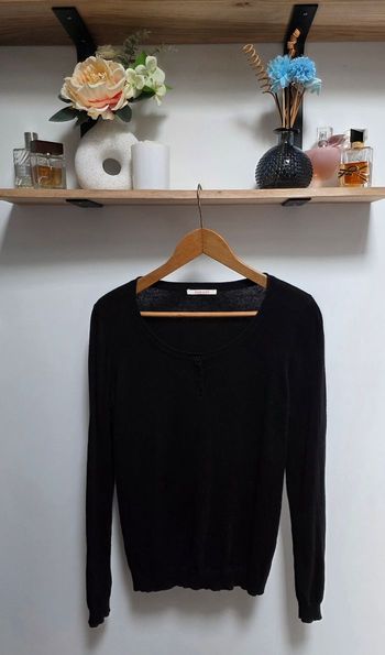 Camaïeu Pull Fin Noir Col Henley Boutonné Coudières Taille L