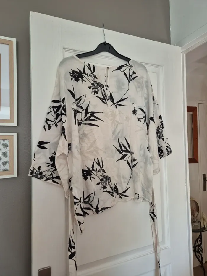 blouse manches 3/4 larges à nouer à fleurs camaieu - photo numéro 8