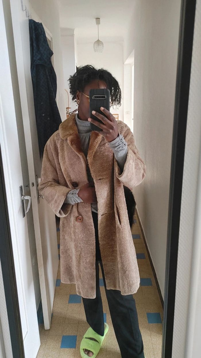 Beau manteau vintage en shearling montone peau de mouton retourné laine S M - photo numéro 17
