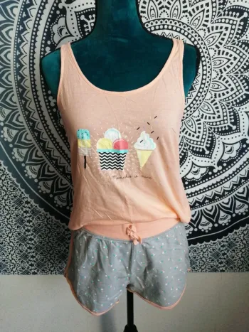 Ensemble de pyjama, short et débardeur gris et abricot imprimé glace / kiabi / (M)