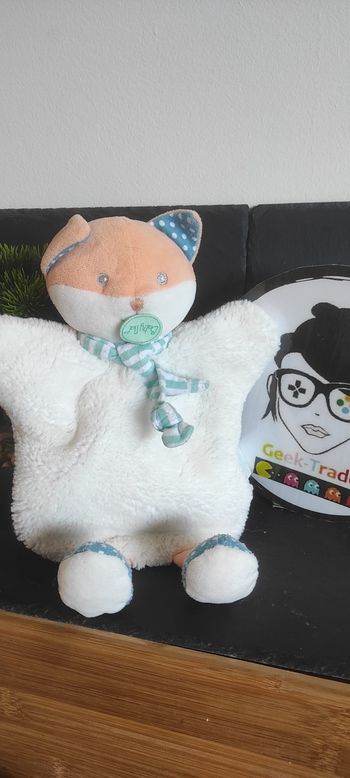 Doudou renard orange blanc bleu pois Poupi marionnette baby nat bn099 Orange