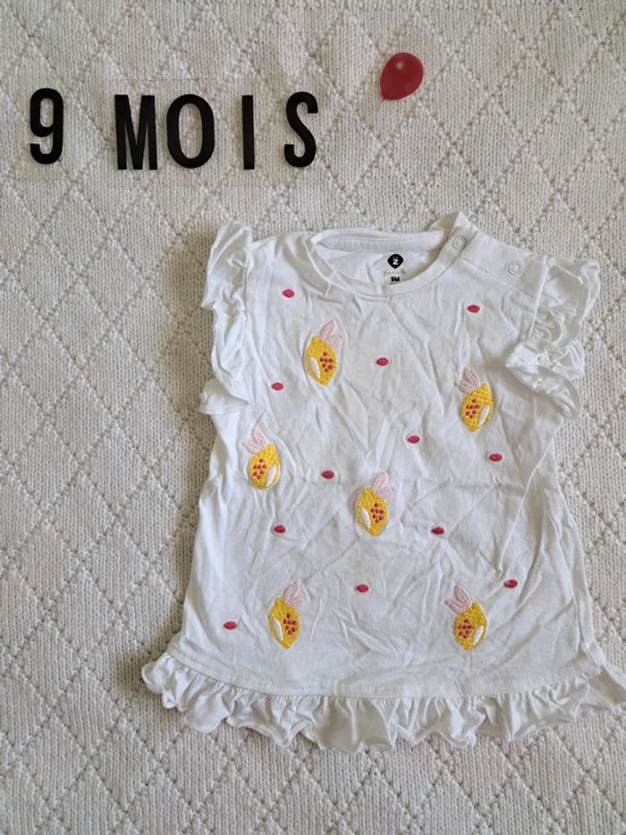 T-shirt manches courtes blanc motif citron Grain de Blé fille 9 mois