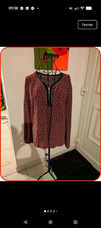 Haut en maille texturée bordeaux et blanc – Col zippé – Taille L (estimée)