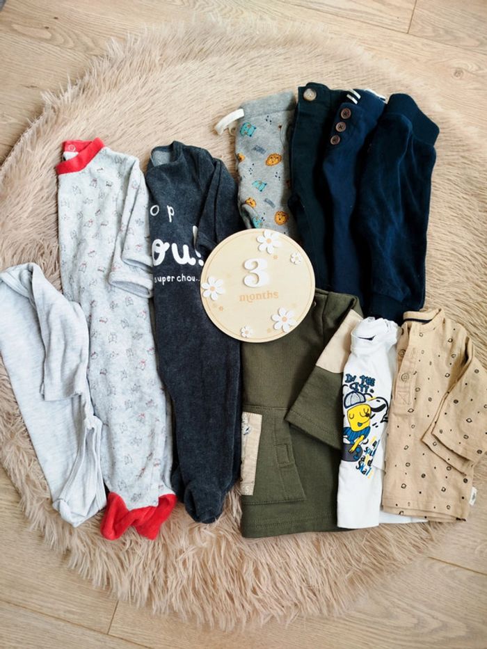 Lot de vêtements bébé garçon 3 mois divers marques bleu marine gris beige kaki motif animaux