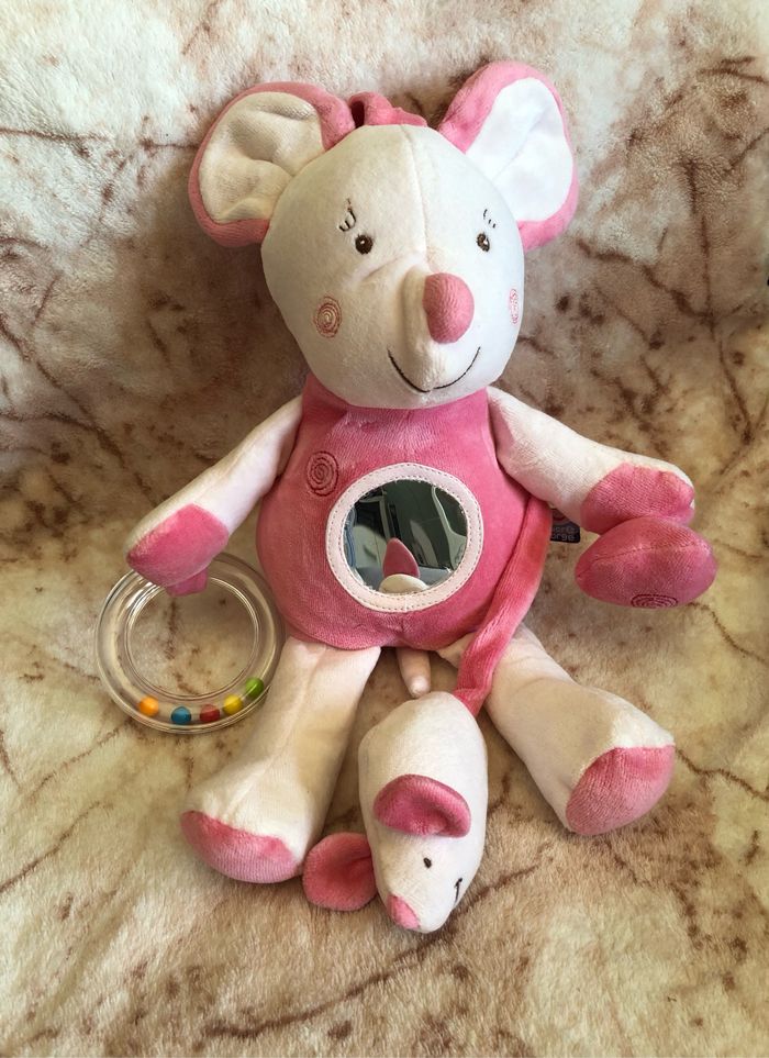 Doudou peluche souris rose blanc hochet miroir petite souris vibrante Sucre D'Orge