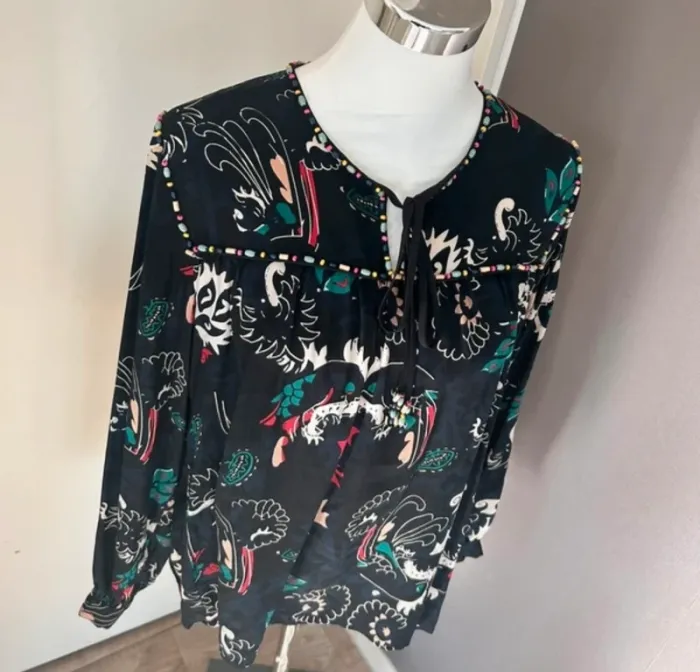 Bel air blouse bohème, chic, imprimé ethnique, 100 % soie femme, taille 2/38 - photo numéro 2