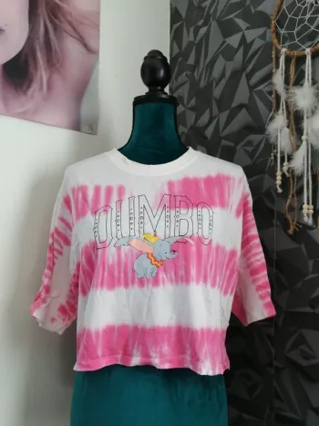Tee-shirt crop top blanc et rose tye and die impression dumbo / don't call me jennyfer / (L-XL)