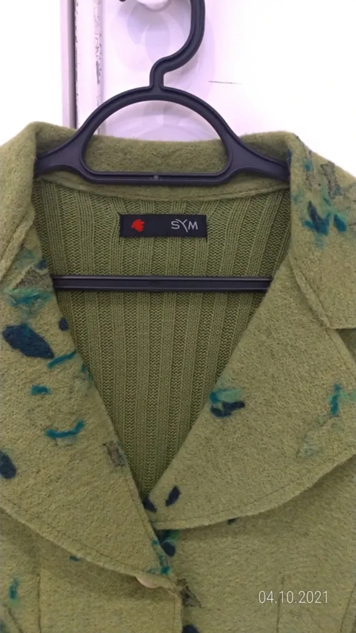 Veste blazer verte en laine bouillie, côtelée manches et dos - photo numéro 4