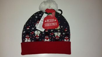 Bonnet de Noël avec pompon - Merry Christmas bonhommes de neige - T.U - Neuf
