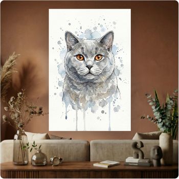 Affiche artistique “Chat gris aux yeux ambrés” aquarelle décoration murale A3 Sans cadre
