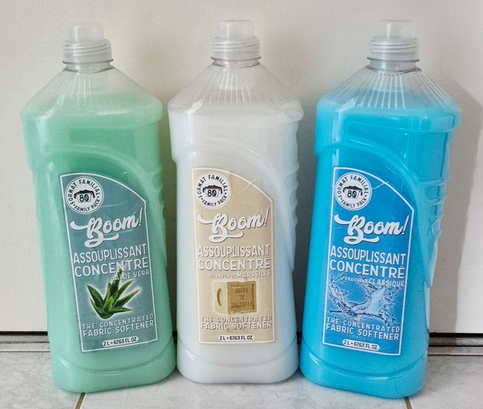 Lot de 3 bidons d'Assouplissant Concentré Boom (Neuf) - Fraîcheur, Marseille et Aloé Vera