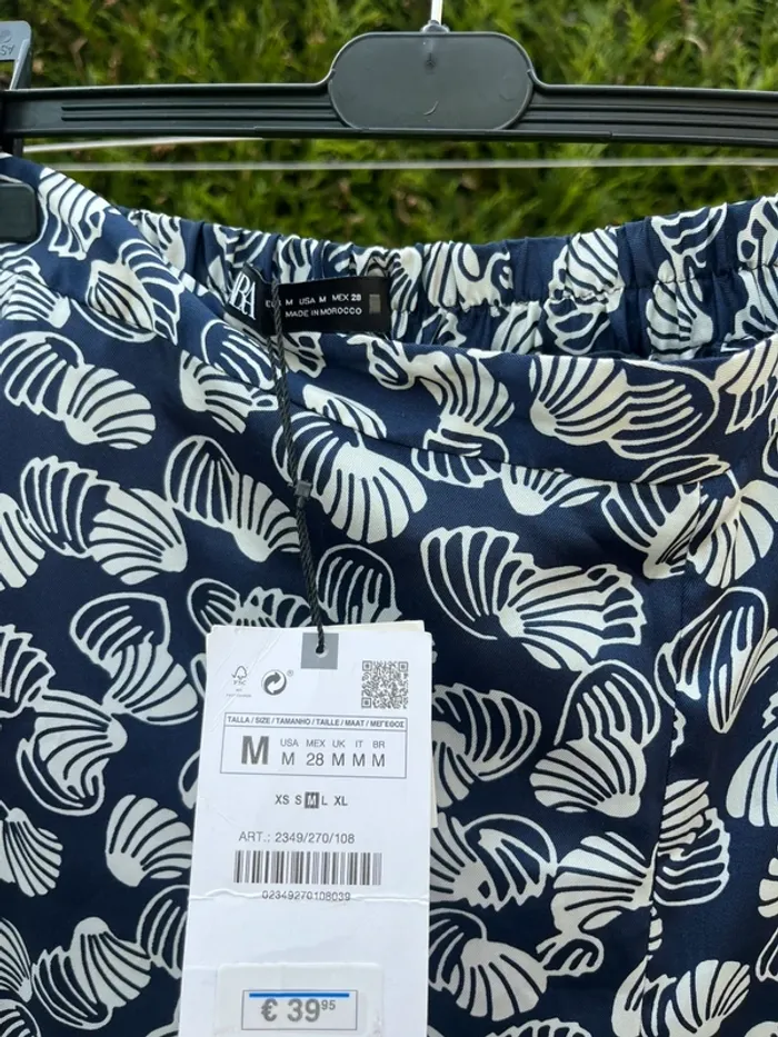 pantalon bleu satin motifs coquillages blanc zara - photo numéro 5