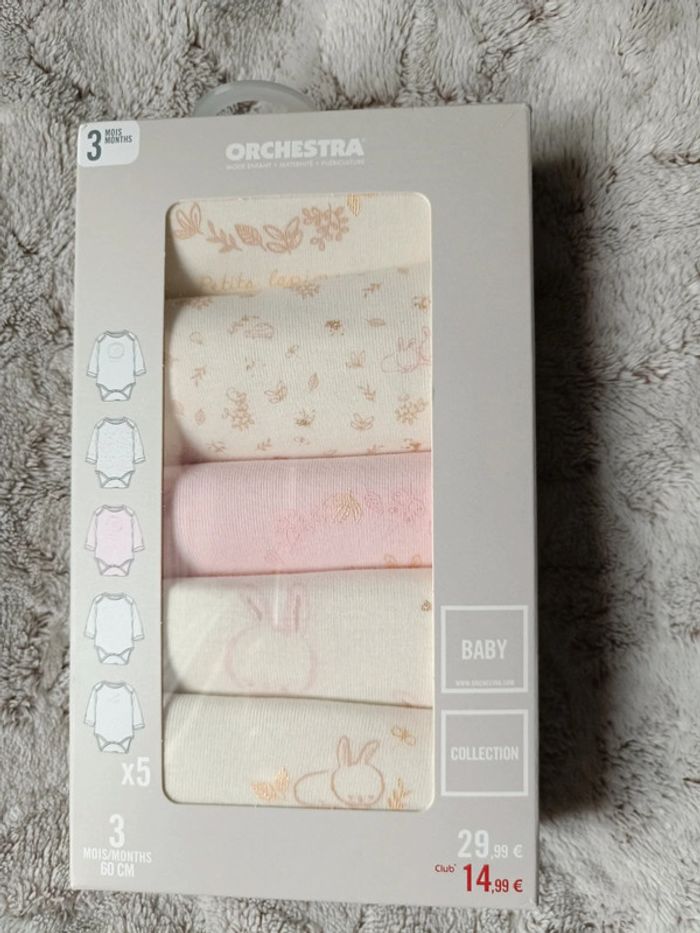Lot 5 bodies 3 mois manches longues bébé fille lapin rose neuf