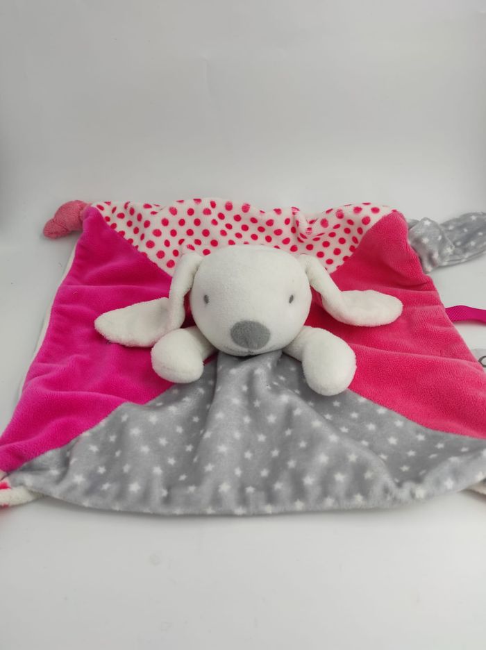 Doudou Plat Lapin Rose Blanc Gris Obaïbi