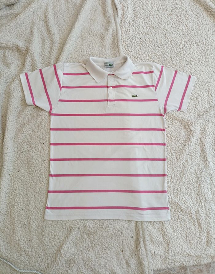 Polo Lacoste vintage blanc à rayures roses - Made in France - unisexe