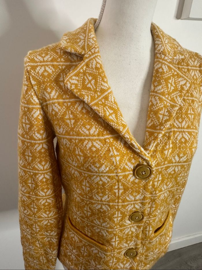 Cardigan en laine vierge jaune et blanc Madeleine T40 L - photo numéro 2