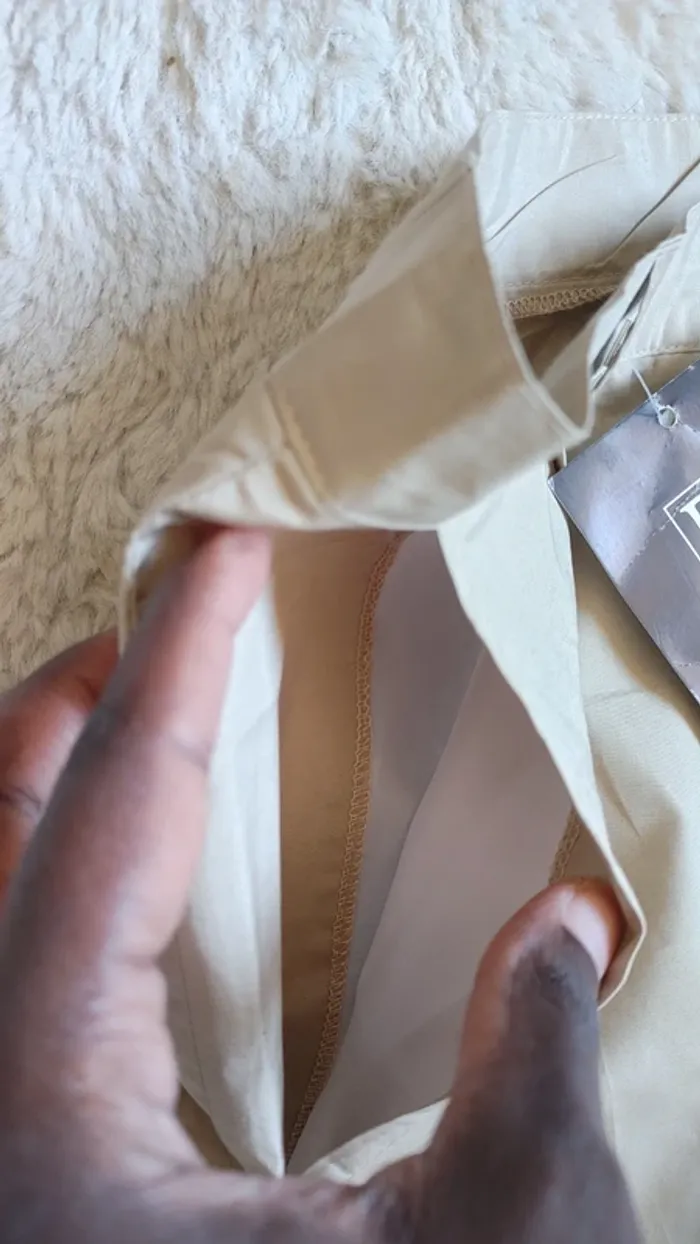 Pantalon vintage jean large en tissu léger beige taille haute - photo numéro 3