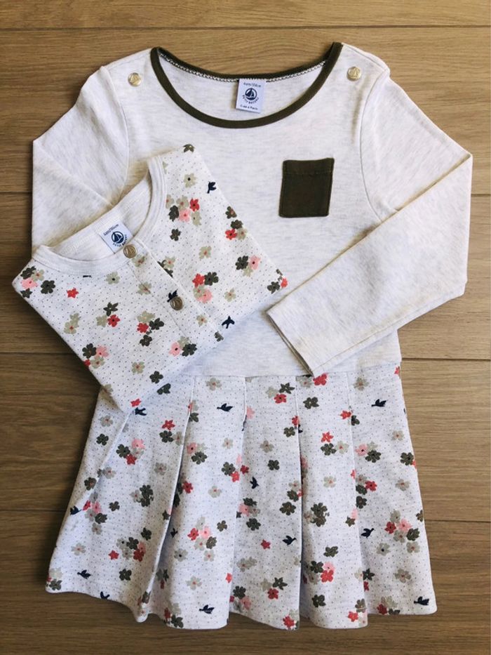 Robe bi-matière en molleton et coton fleuri avec cardigan Petit bateau T-4 ans