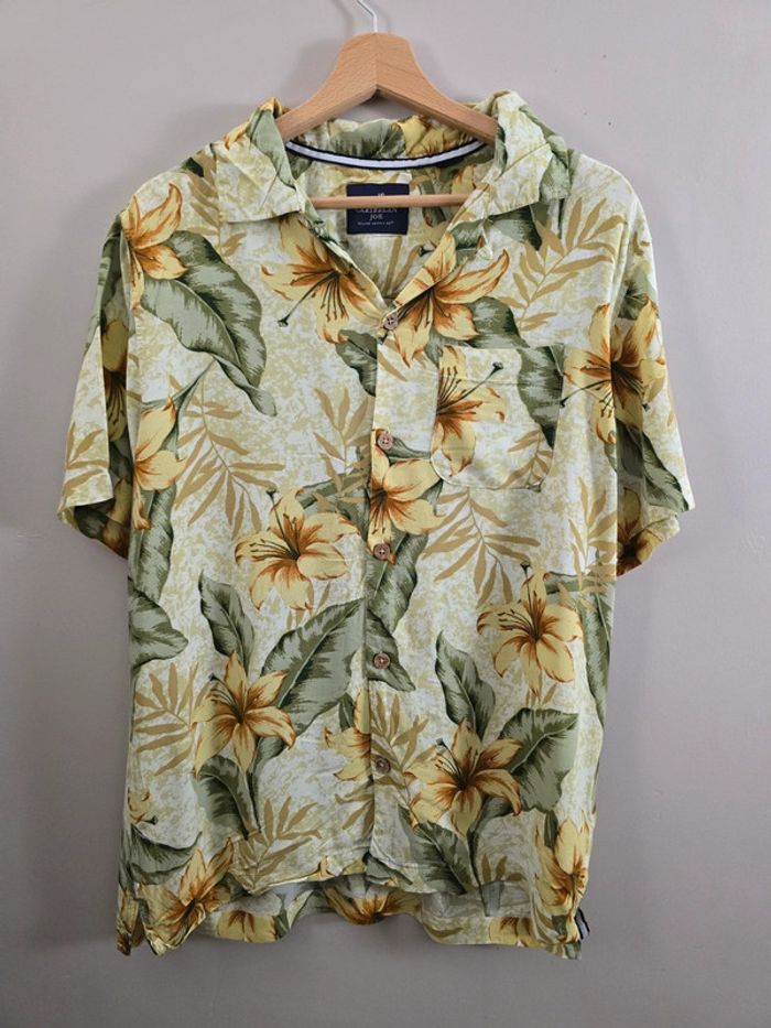 Chemise hawaïenne homme Caribbean Joe fleurs tropicales jaune vert M oversize été vintage - photo numéro 2