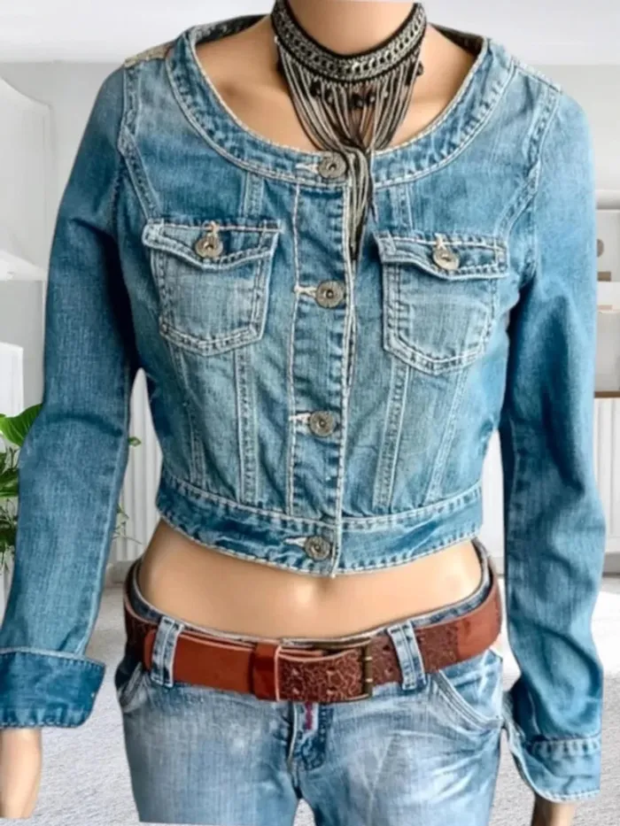 Veste jean La Mode Est à Vous, coupe cropped , col rond large