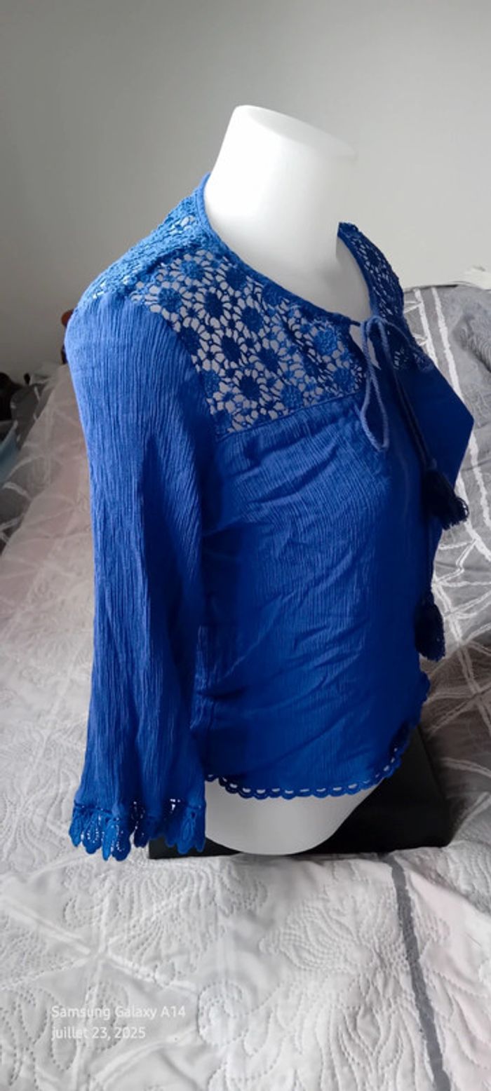Blouse courte manches pagodes avec dentelle tissus plissé lien à pampilles bleu femme L - photo numéro 4