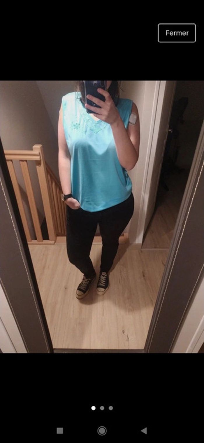 Débardeur vintage bleu brodé taille xl xxl oversize - photo numéro 3