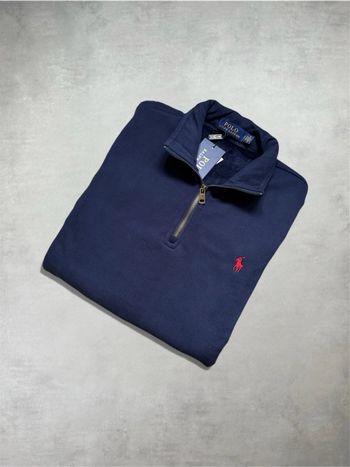 Pull half-zip Ralph Lauren bleu – Logo rouge – Taille S 