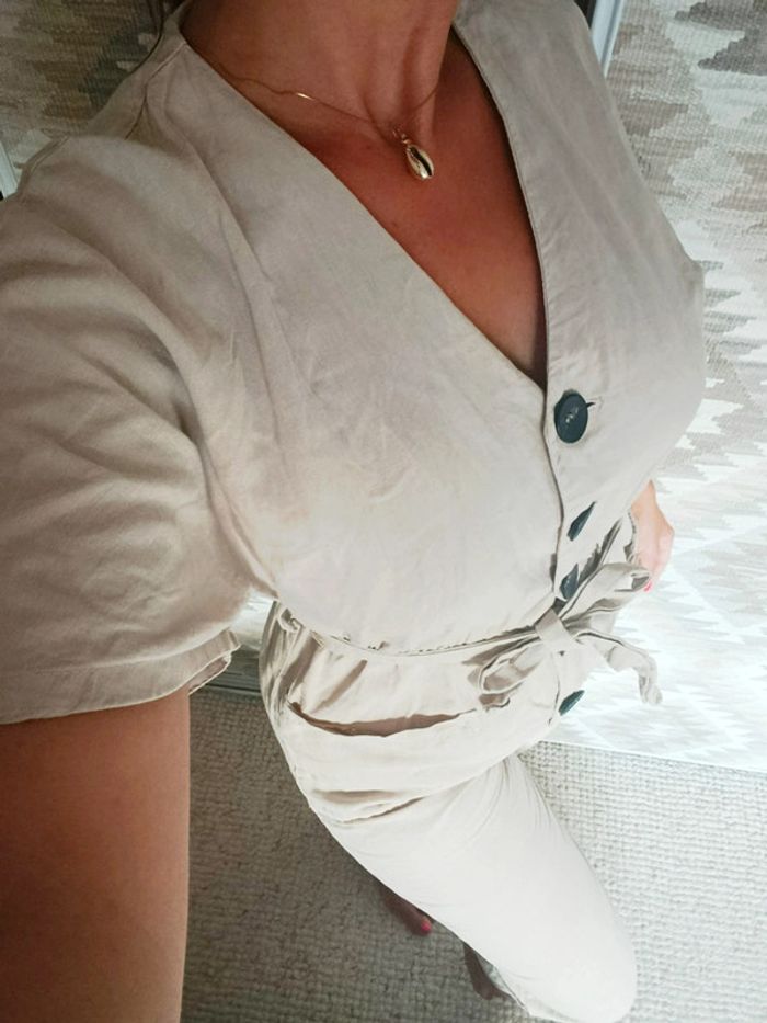 Combinaison Zara Basic S beige crème avec gros boutons et ceinture assortie coton lin - photo numéro 4