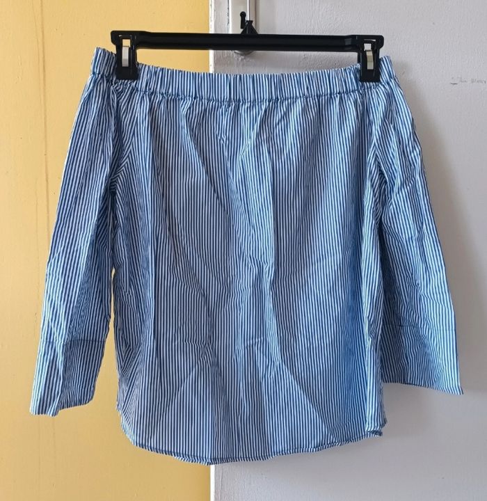 Blouse Rayée à Épaules Dénudées Femme Bleue & Blanche 💙💐