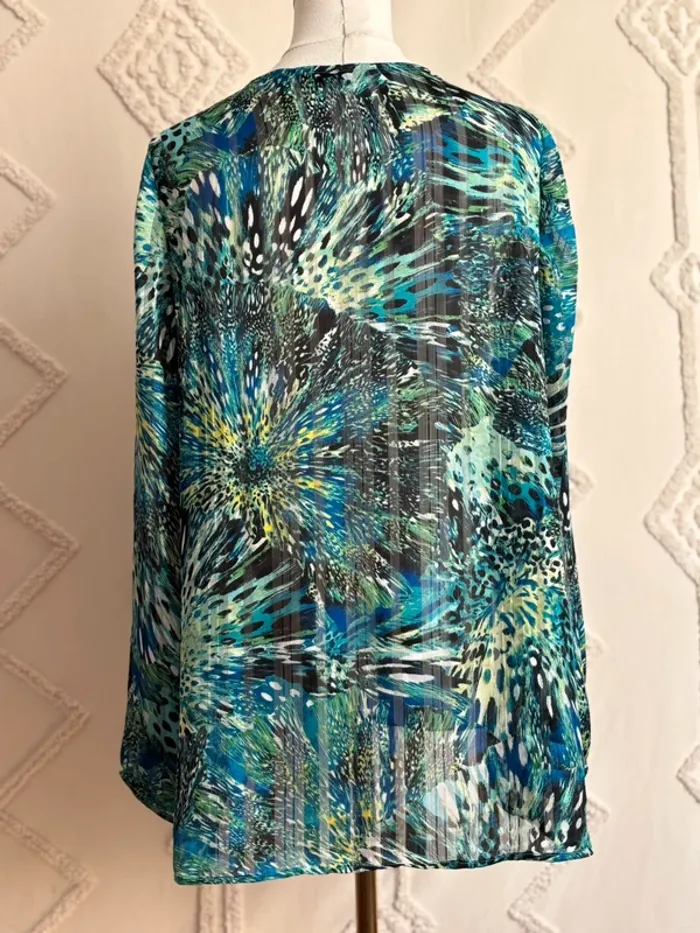 Blousefluide imprimé jungle turquoise – Jacqueline Riu – col V ajouré – Taille 40 - photo numéro 3